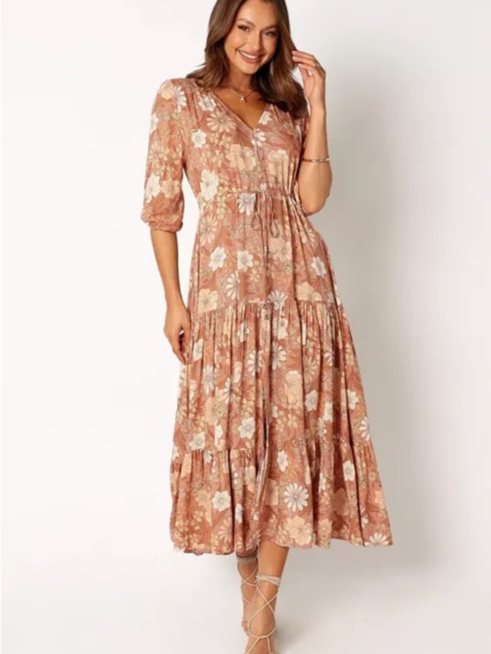 NWOT Floral Tiered Maxi Dress Dusty Rose Boho Size Tag Missing